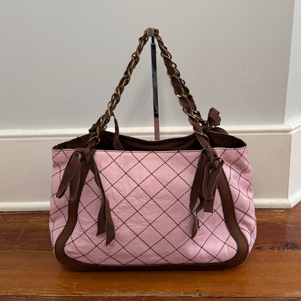Moschino Cheap & Chic Pink Quilted Leather Shoulder Tote Bag Purse Brown Y2K